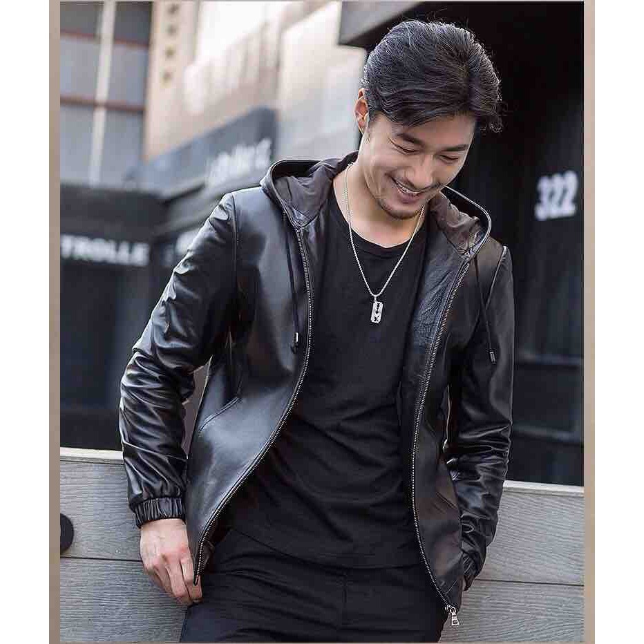 Áo Khoác Da Nam Trơn Lót Dù Phối Nón Cao Cấp ADN01