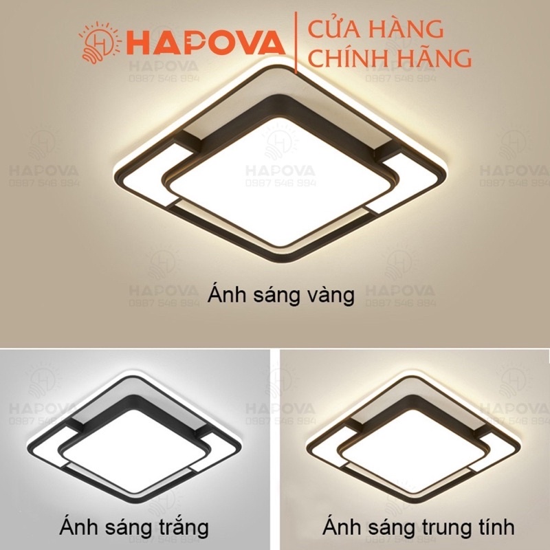 Đèn mâm ốp trần hình vuông, đèn trang trí phòng khách 3 chế độ ánh sáng HAPOVA NIANS 1020 + Tặng kèm khiển