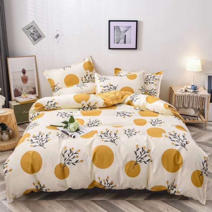 Bộ chăn ga gối drap giường chất cotton poly họa tiết hoa cỏ tròn vàng