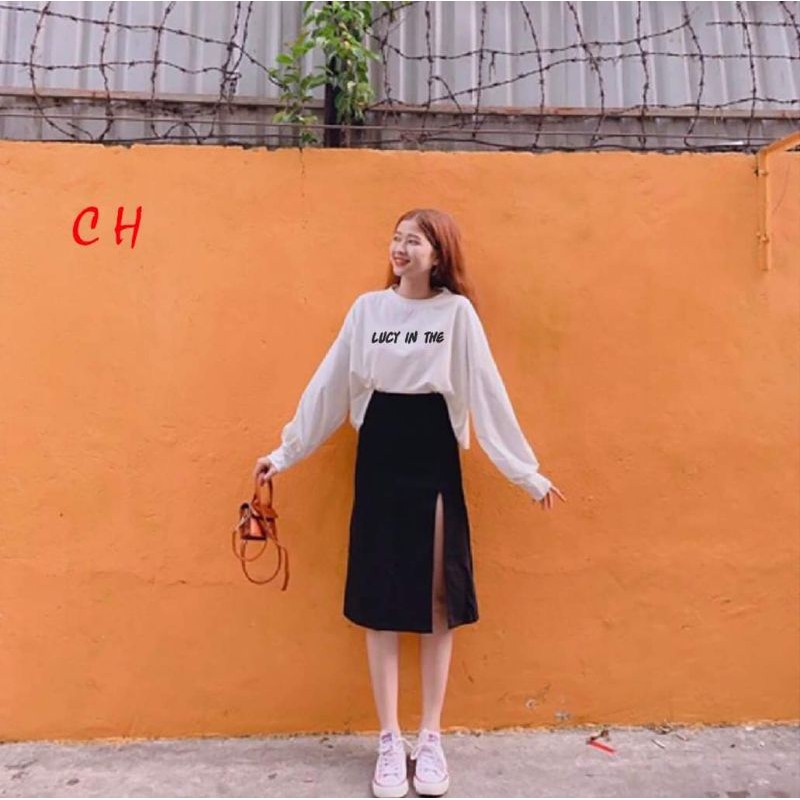 Sét áo lucy + Chân váy xẻ😶áo form thụng dài tay unisex😶áo nam nữ😶chân váy xẻ cá tính😶phong cách thời trang😶 | BigBuy360 - bigbuy360.vn