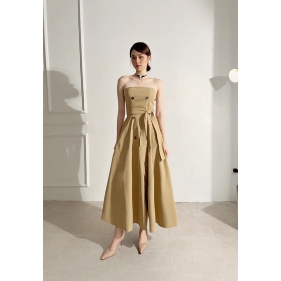 Váy H.I.U ROOM cup ngực thiết kế dáng dài midi, beige dress khaki H.I.U design 2022. | BigBuy360 - bigbuy360.vn