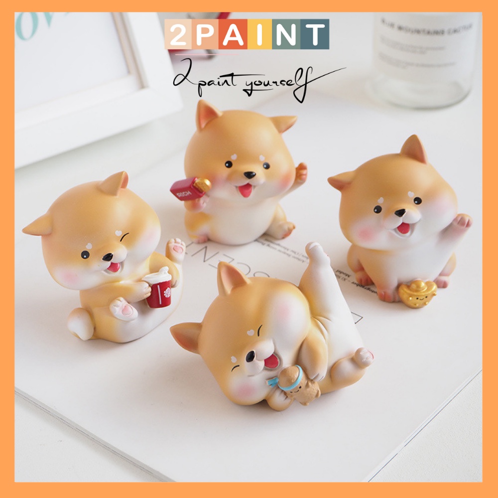 Mô hình chó Shiba dễ thương, tượng decor bàn học, ô tô