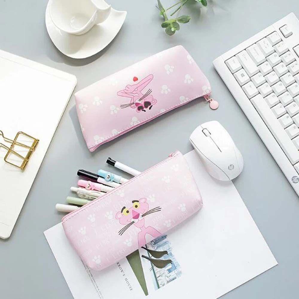 Túi Đựng Bút Bằng Da PU Đa Năng Có Khóa Kéo In Hình Báo Hồng Dễ Thương Ốp