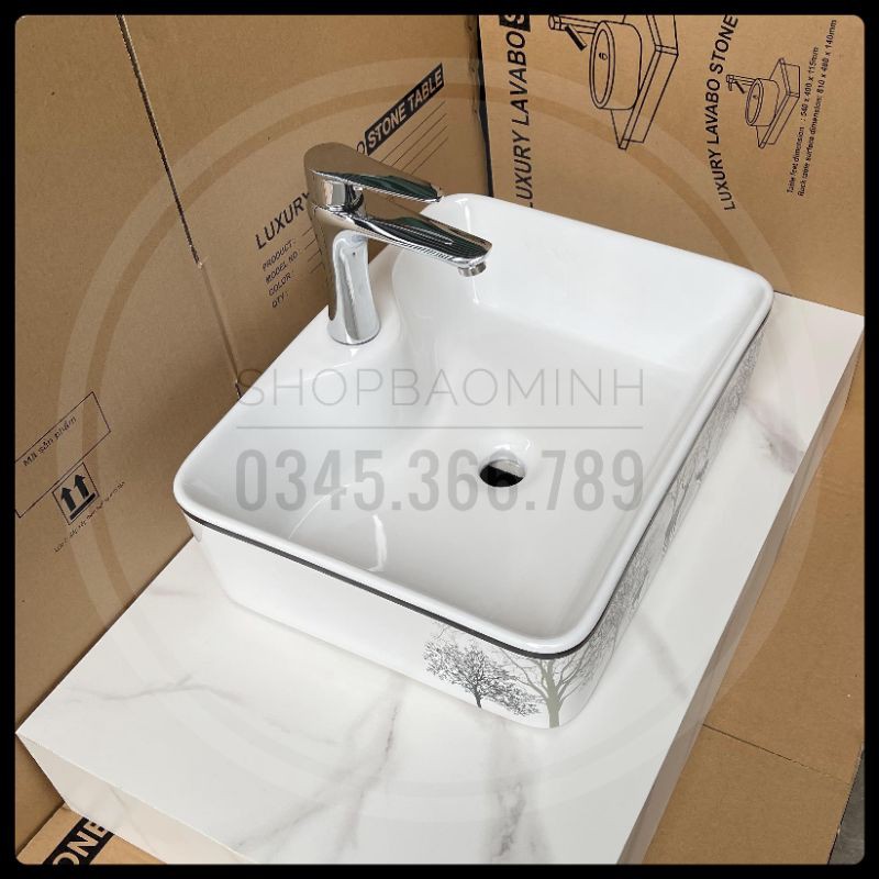 Chậu rửa mặt - Lavabo chữ nhật đặt bàn 609 họa tiết hươu đen cao cấp (KT48x37cm)