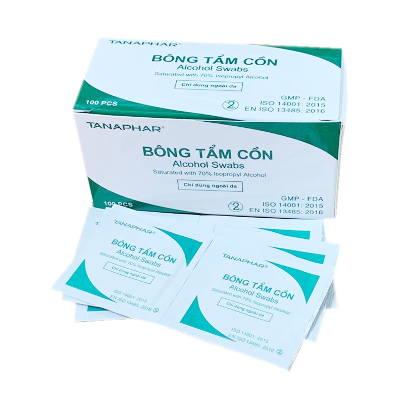 Bông tẩm cồn y tế tiệt trùng (Alcohol Pads) 70 độ Tanaphar giúp loại bỏ vi khuẩn, sát khuẩn trên tay - Hộp 100 miếng