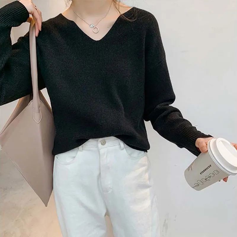 Áo sweater cổ chữ V mềm mại thiết kế dáng rộng phong cách Hàn Quốc thời trang thu đông cho nữ