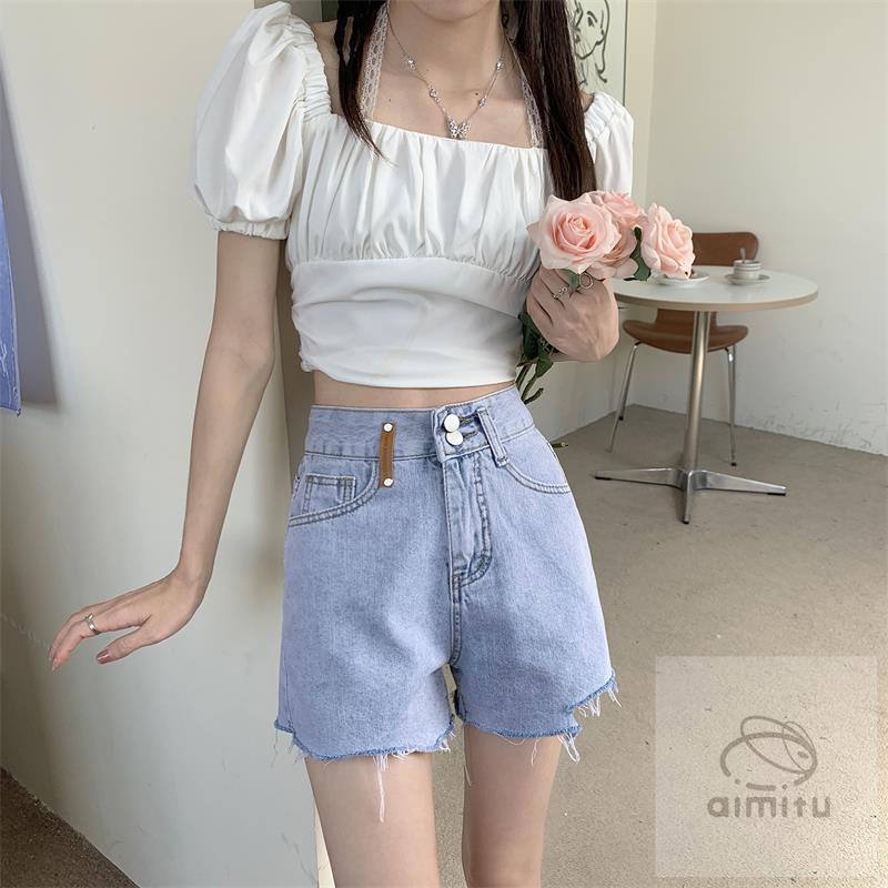 Quần Short Denim Màu Đen Lưng Cao Ống Rộng Thiết Kế Xẻ Rách Phong Cách Hàn Quốc Thời Trang Mùa Hè Cho Nữ 2021