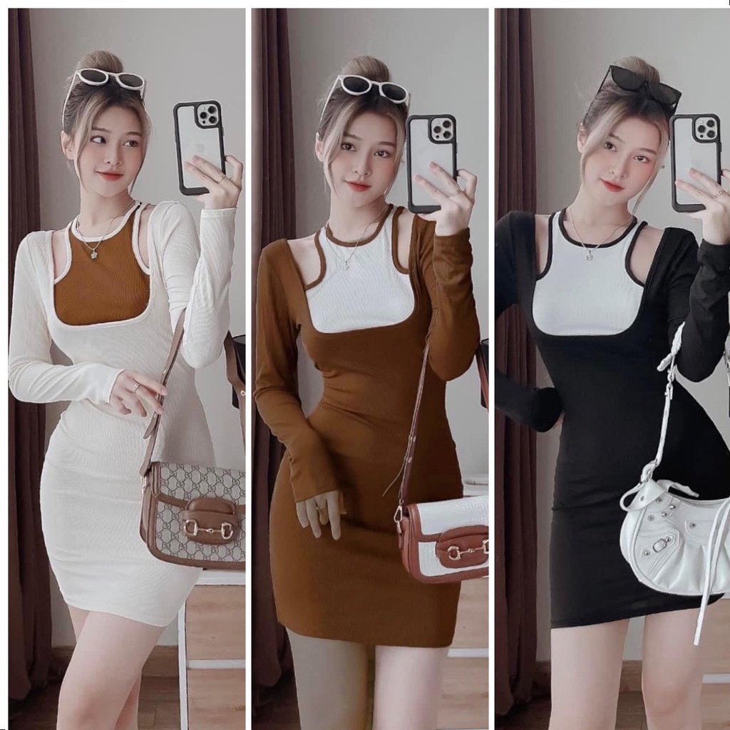 Đầm Body Tay Dài Khoét Vai Phối Viền