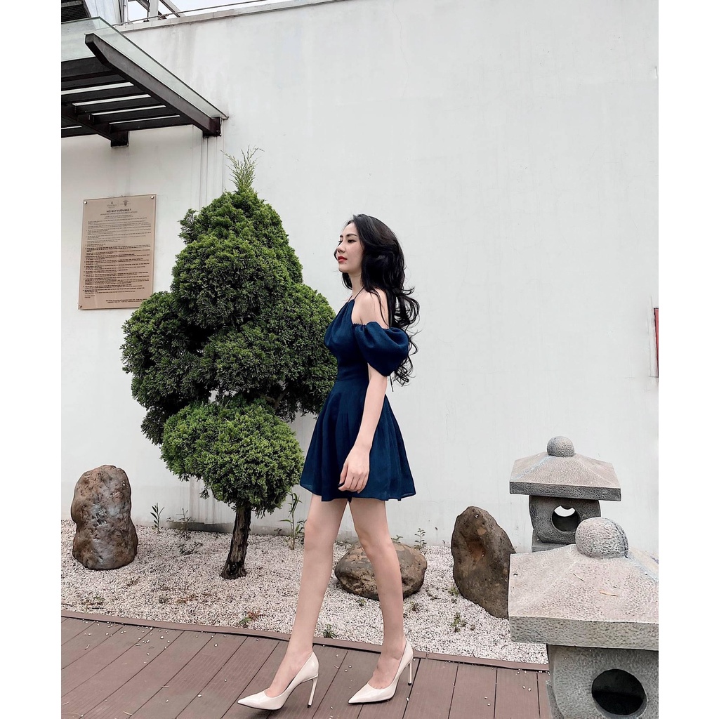 Đầm Voan Dáng Xòe Cổ Yếm Tay Phồng Trễ Vai Bo Eo - Vải Chiffon - Màu Xanh - Dành Cho Nàng Đi Tiệc, Đi Chơi