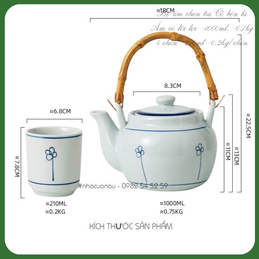 Bộ ấm chèn bình trà sứ - CỎ BỐN LÁ - thanh lịch thích hợp thưởng trà, quà, tân gia, doanh nghiệp sẵn có tại nhà của Nâu