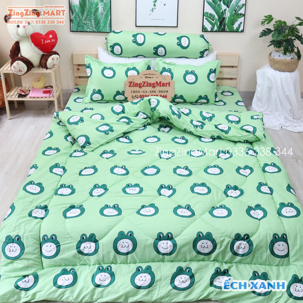 Bộ Ga Gối Poly Ga trải giường | Bộ Drap giường Ếch Xanh ( 1 ga + 2 vỏ áo gối ) - ZingZingMart