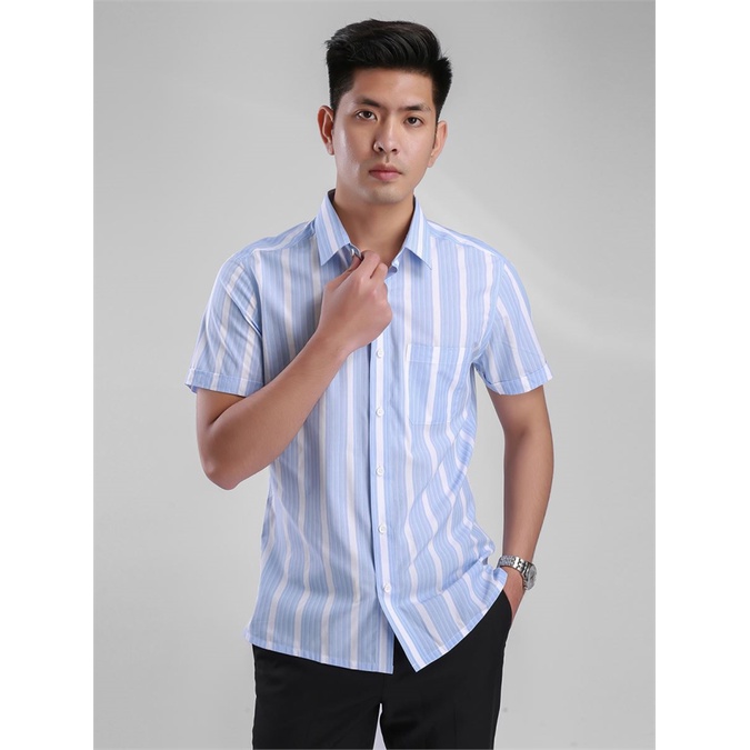 Áo sơ mi ngắn tay nam Aristino kẻ sọc xanh - có túi-regular ASS204S8