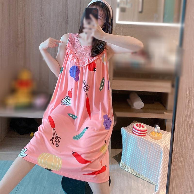 đồ ngủ Không Tay Phối Ren In Họa Tiết Hoạt Hình Phong Cách Hàn Quốc Thời Trang Mùa Hè
