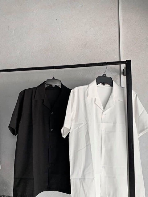 Áo Sơmi Cổ Vest Basic Unisex Tay Ngắn Ảnh Thật