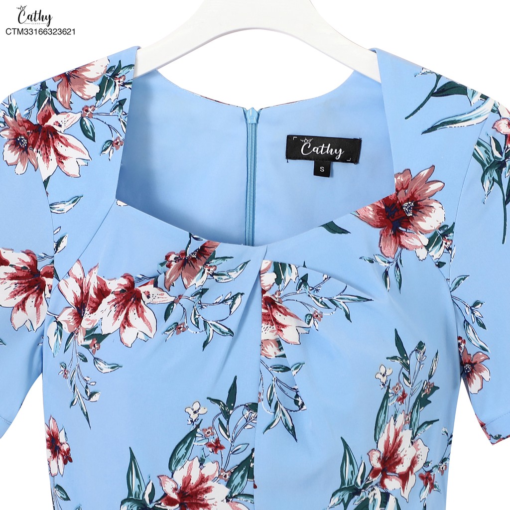 Đầm hoạ tiết Cathy Clans cổ xếp kiểu hoa lớn - xanh | BigBuy360 - bigbuy360.vn