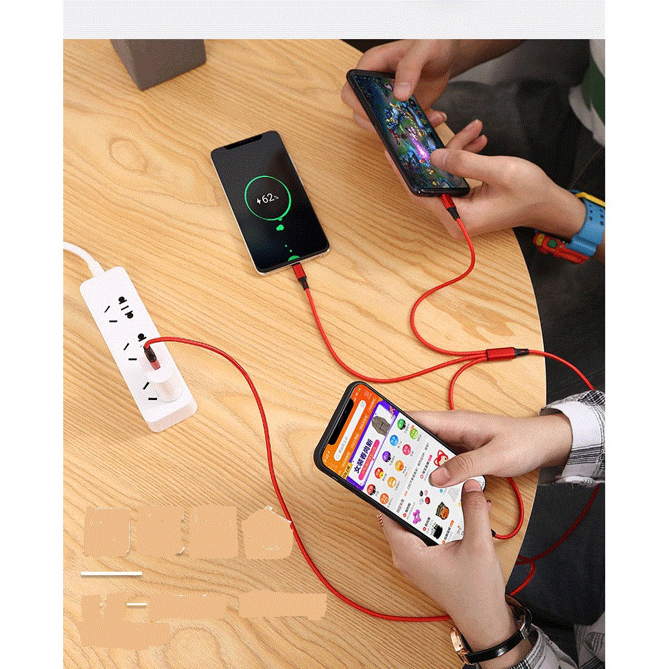 Cáp sạc dây dù 3 đầu, dài 1m2, hỗ trợ 3A (S190/S11)