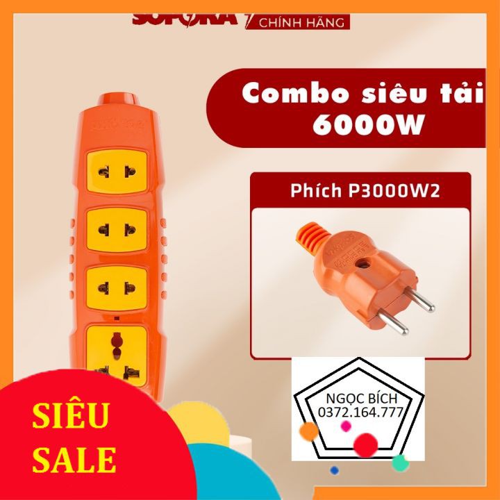 Combo Ổ cắm điện lõi sứ chống cháy SOPOKA 4S-6000W và Phích cắm siêu chịu tải SOPOKA P3000W2+