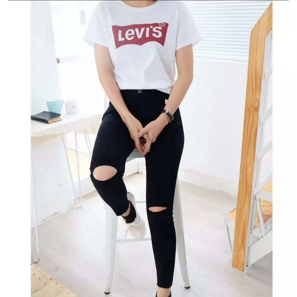 Quần Bò giấy  Skinny Rách Gối Màu ĐEN/ Trắng  Quần skinny 1 khuy Rách gối