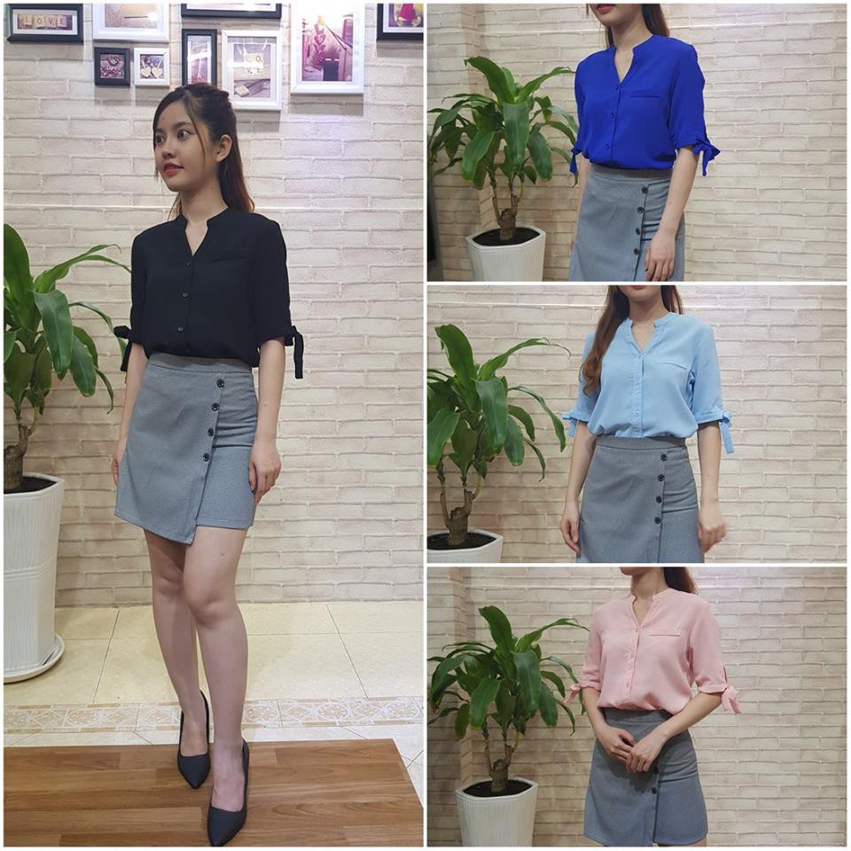 Chân váy đắp chéo phối nút