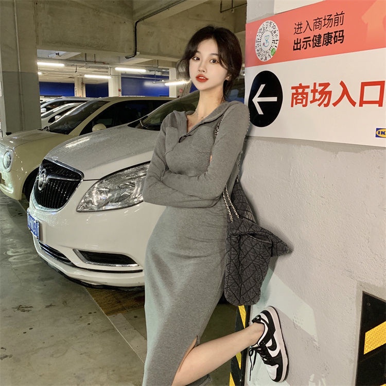 COZOK Đầm Hoodie Tay Dài Dáng Ôm Xẻ Tà Cá Tính Thời Trang Cho Nữ