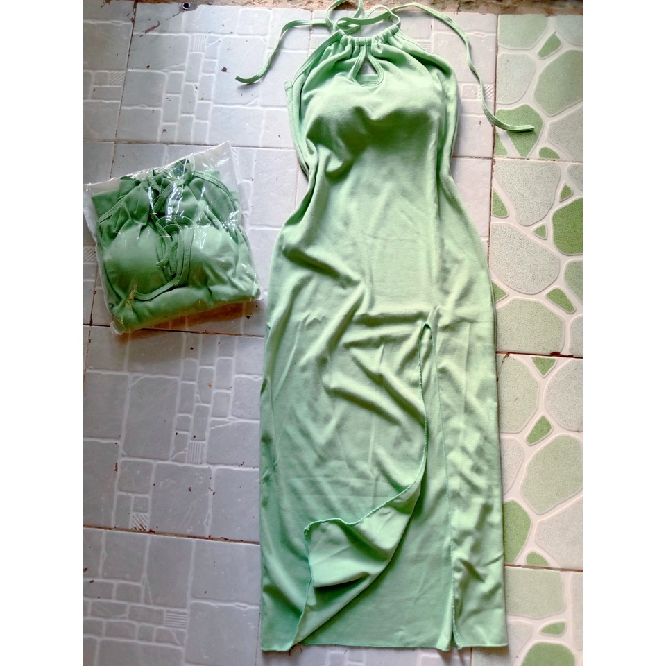 Đầm yếm ôm body dây xẻ đùi thun đen xanh - 1275