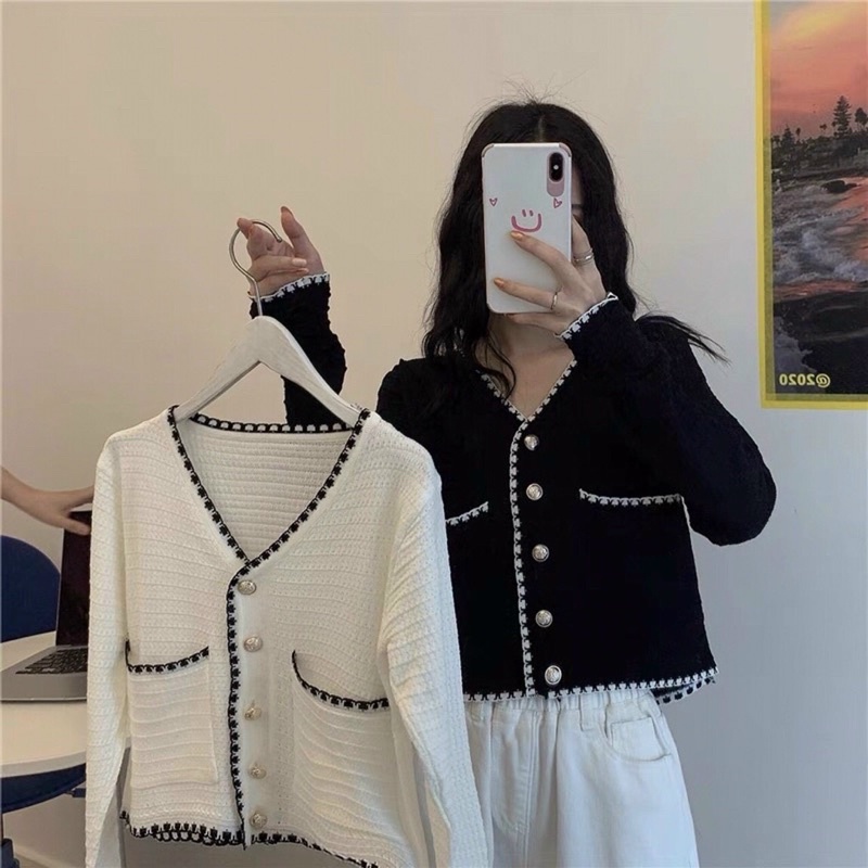 Áo len mỏng dài tay cổ tim kiểu cardigan viền cúc dọc