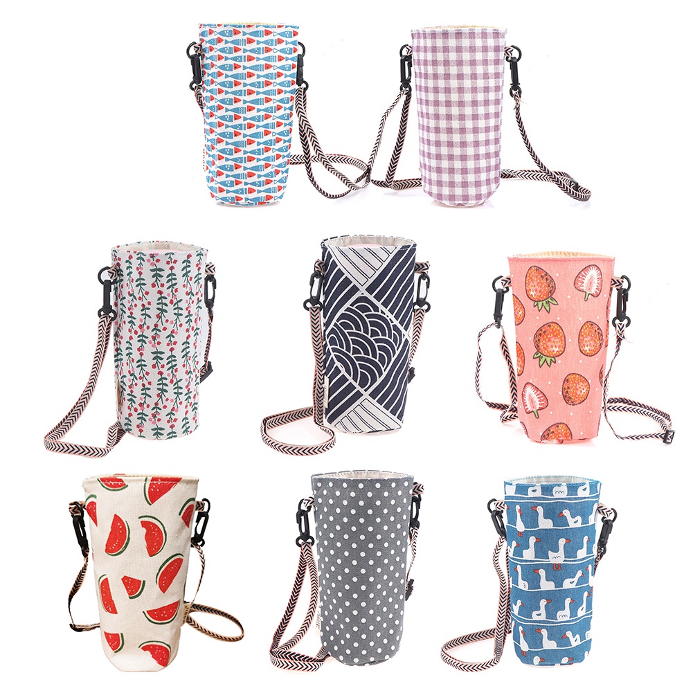 Túi đựng cốc nước bằng vải cotton và vải lanh Túi đựng cốc nước có dây buộc di động đơn giản Messenger Cốc đựng trà sữa