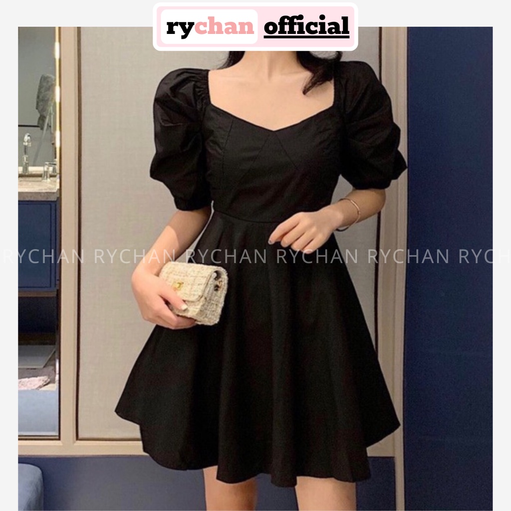 Đầm Xòe Nữ Dự Tiệc Cổ Tim Tay Ngắn Phồng Thiết Kế Ngực Cực Hút Mắt Màu Đen Trắng - DX9936