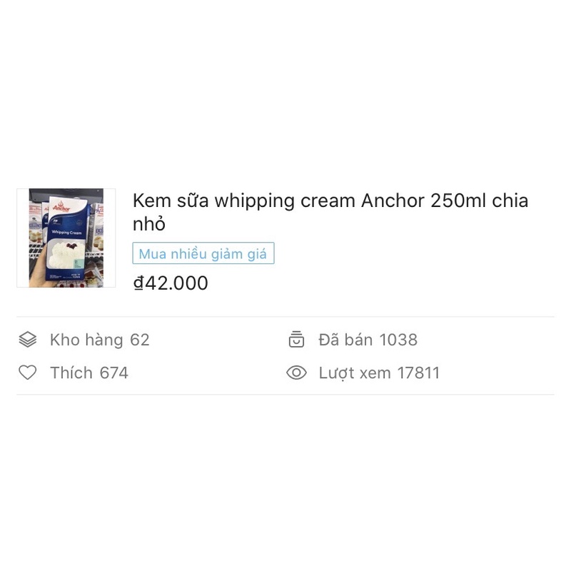 Kem sữa whipping cream anchor chia nhỏ 250ml