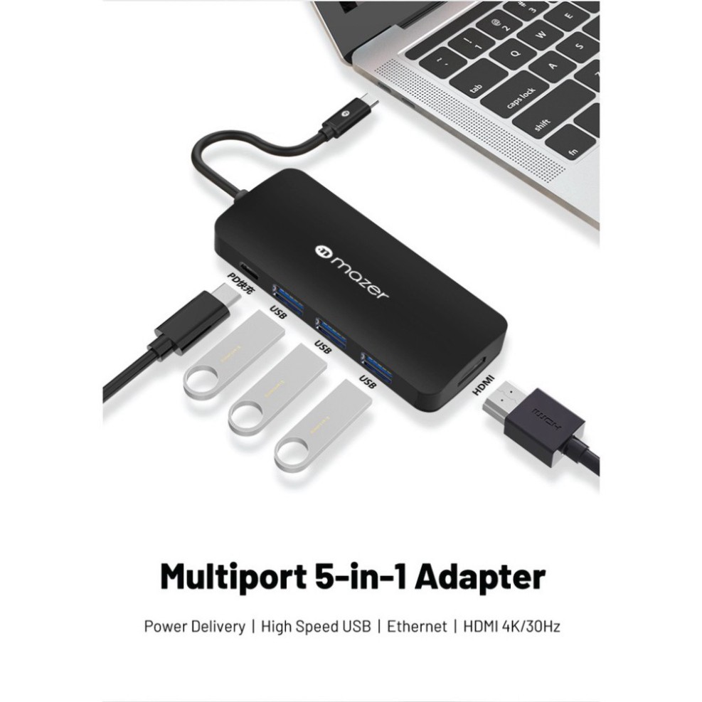 Cổng Chuyển Đổi Mazer USB-C 4-in-1 HUB hỗ trợ HDMI , VGA , USB 3.0 , Type C cho Laptop, Macbook, điện thoại, BH 5 Năm