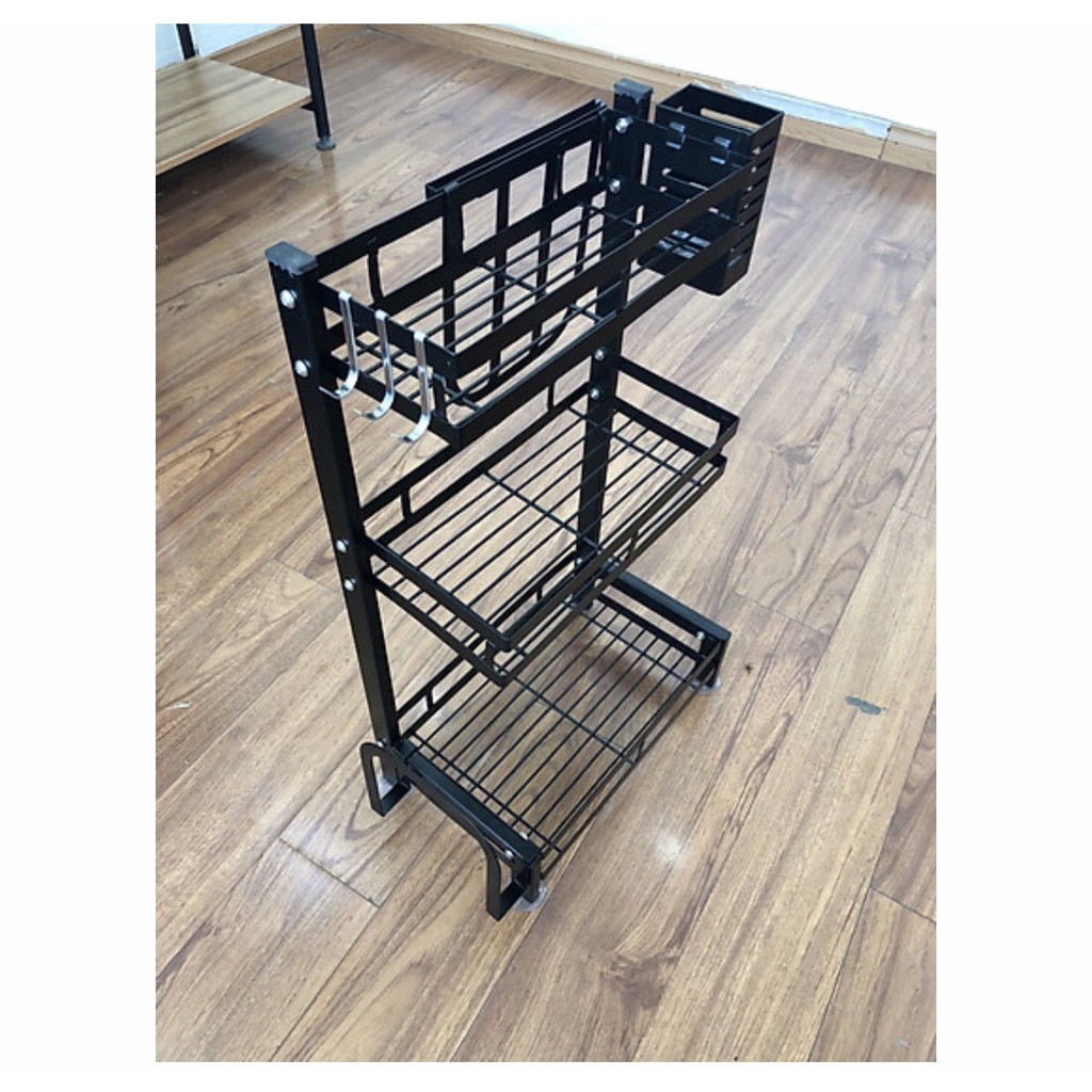 Kệ Gia Vị ĐA NĂNG 2 TẦNG 100% inox sơn tĩnh màu đen chắc chắn có chỗ để cài dao thớt để đũa móc treo
