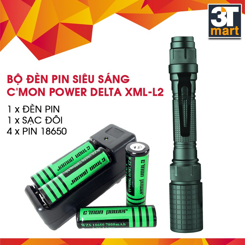 Bộ 1 đèn pin siêu sáng C'mon Power DELTA XML-L2 + 4 pin 18650 + 1 bộ sạc đôi (xanh lá)