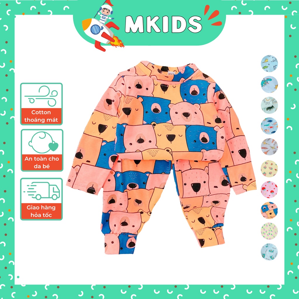 Đồ ngủ cho bé trai bé gái 1-5 tuổi, đồ bộ dài tay cho bé thun cotton in hình đáng yêu MKids
