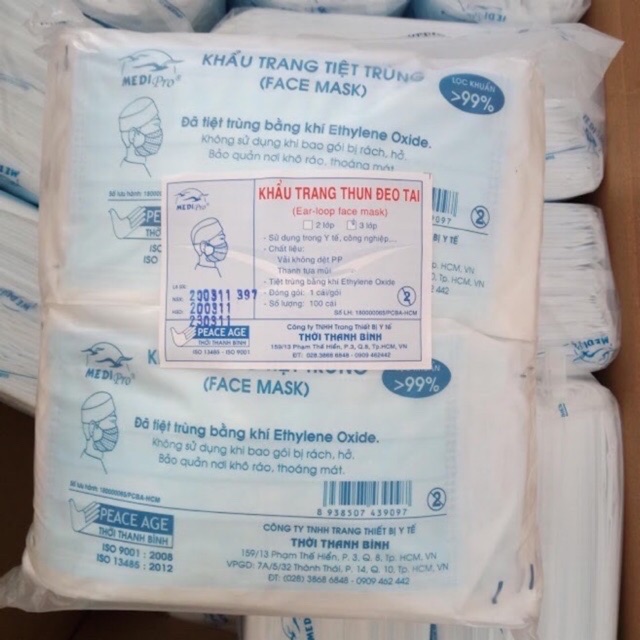 Khẩu trang tiệt trùng đóng gói từng cái Medipro bịch 100 cái