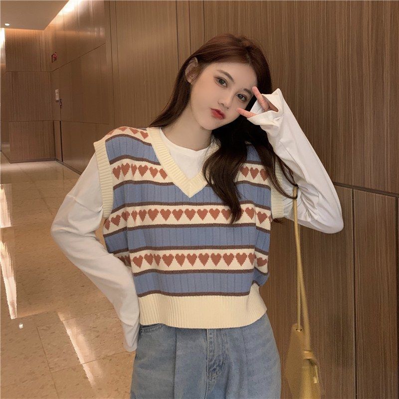 Áo Gile New College Knitted Vest Women's Korean Versatile Loose V-neck Love Vest