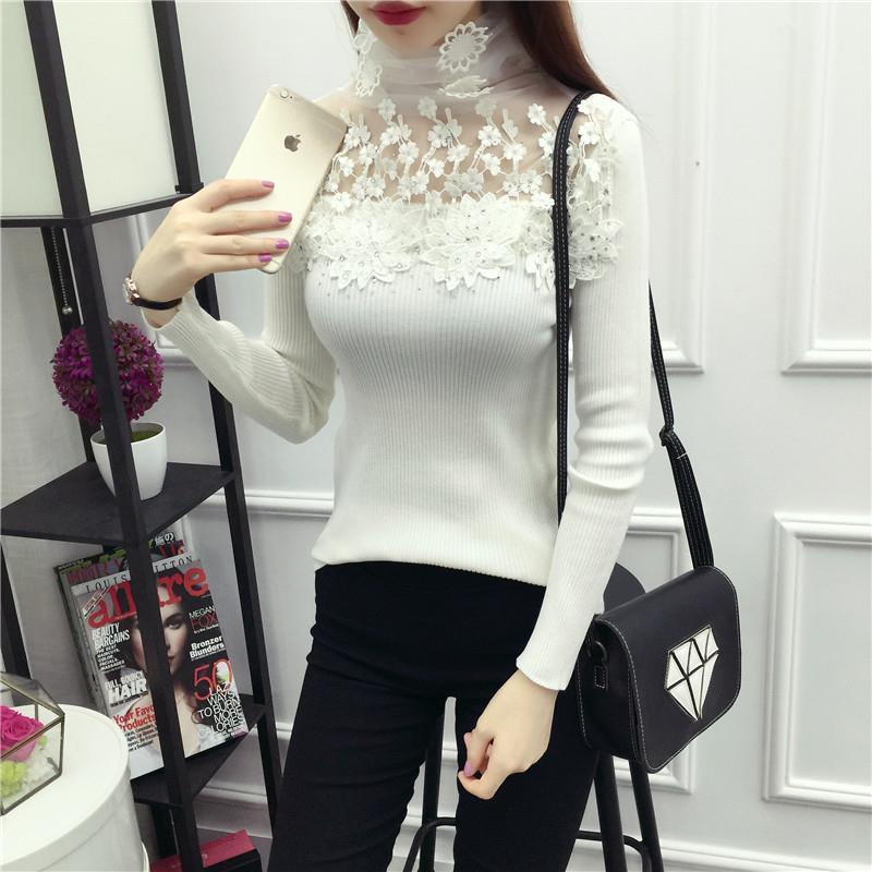 Áo len cổ lọ tay dài phối ren đính đá thời trang thu đông mới cho nữ 2021