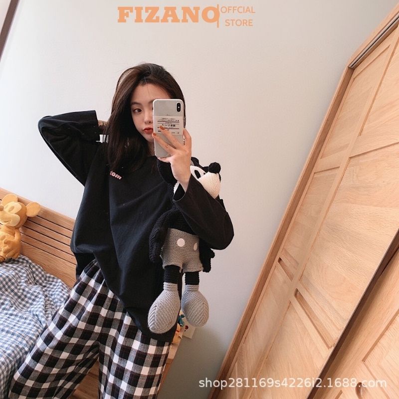 Bộ thu đông nữ cotton Motie quần kẻ  đồ bộ mặc nhà nữ co giãn hàng loại 1 chất siêu đẹp fizano