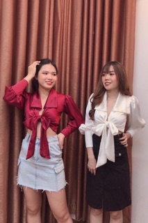 Áo croptop somi phi lụa cột nơ eo tay dài - Hình chụp thật