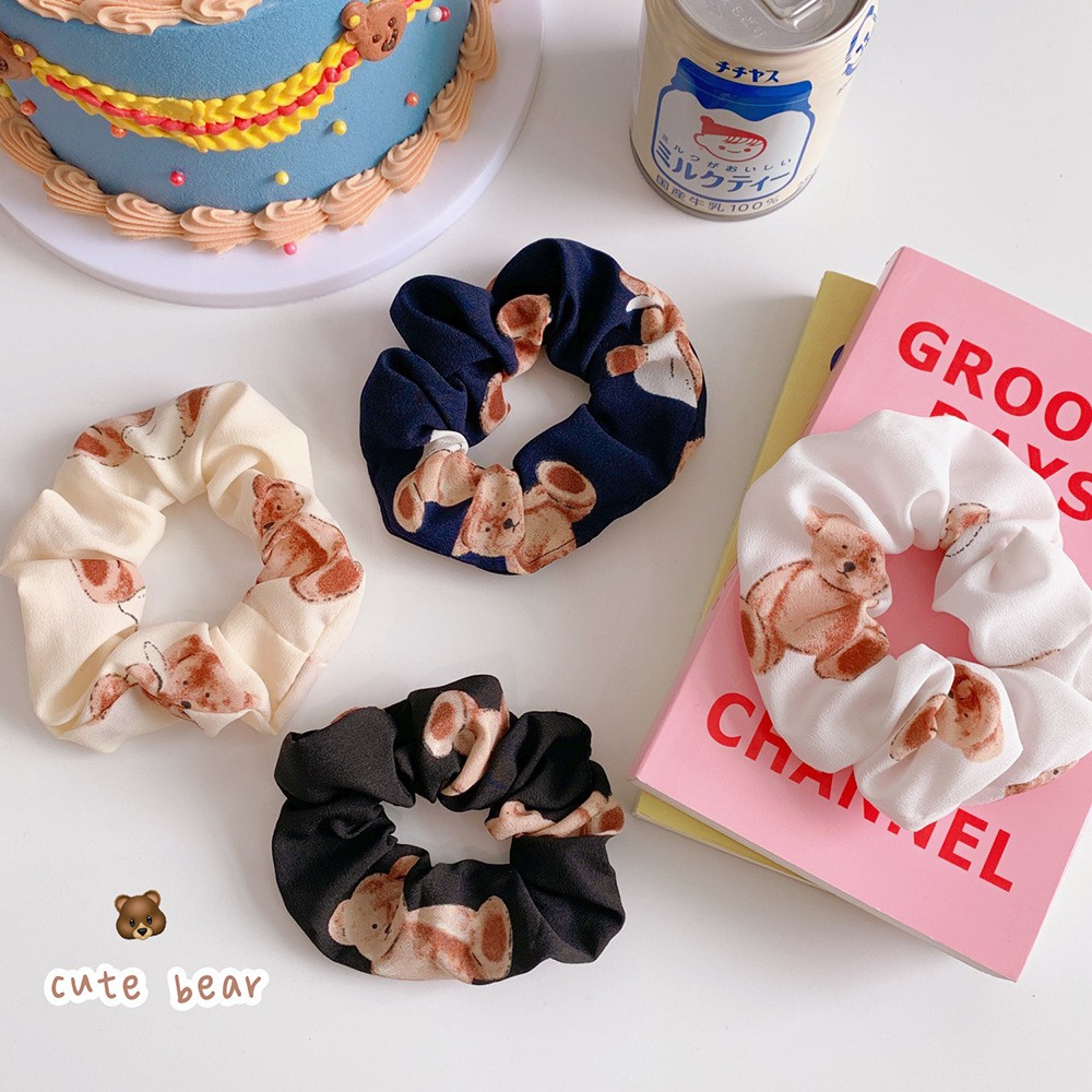 Dây cột tóc vải Scrunchies Hàn Quốc họa tiết gấu xinh xắn cho nữ