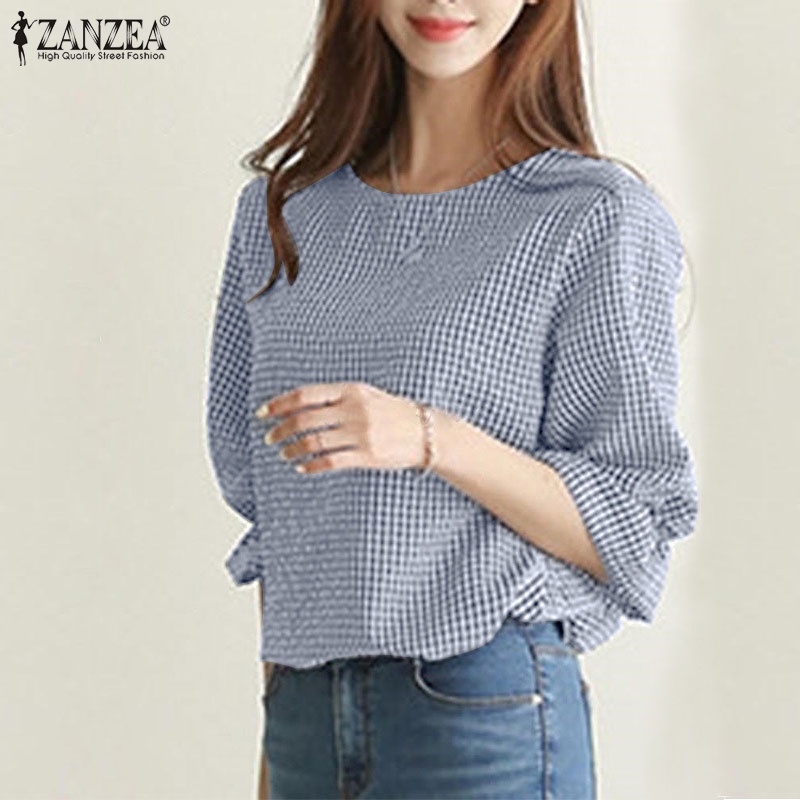 Áo Zanzea cổ tròn tay 3/4 in họa tiết caro thời trang Hàn Quốc thanh lịch