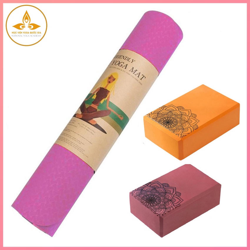 Combo Thảm tập yoga 2 lớp 6mm+2 viên gạch tập yoga EVA. Thảm không mùi, đàn hồi tốt, chống trượt_HV YOGA QG