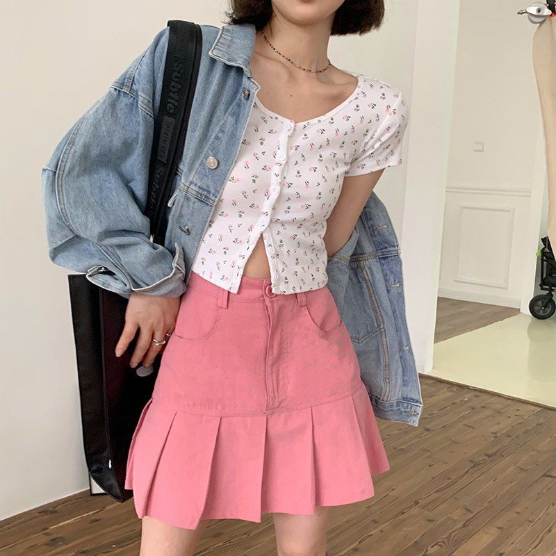 IELGY Chân váy xếp ly phong cách Hàn Quốc dễ thương thời trang mùa hè dành cho nữ