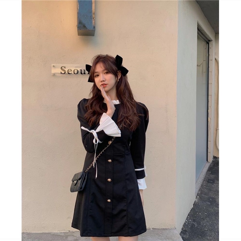 Đầm tiểu thư cổ trụ tay loe bánh bèo sang chảnh