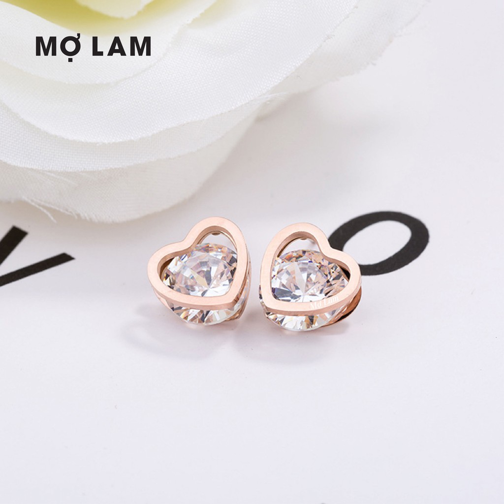 Hoa tai vàng trái tim đính đá | Bông tai trái tim hột xoàn | Trang sức Titan Mợ Lam - Titanium Heart Stud Earrings