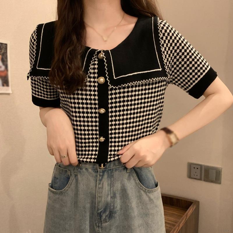 Áo Dệt Kim Tay Ngắn Cổ Thủy Thủ Kẻ Sọc Caro Trẻ Trung Thời Trang Phong Cách Hàn Quốc Cho Nữ