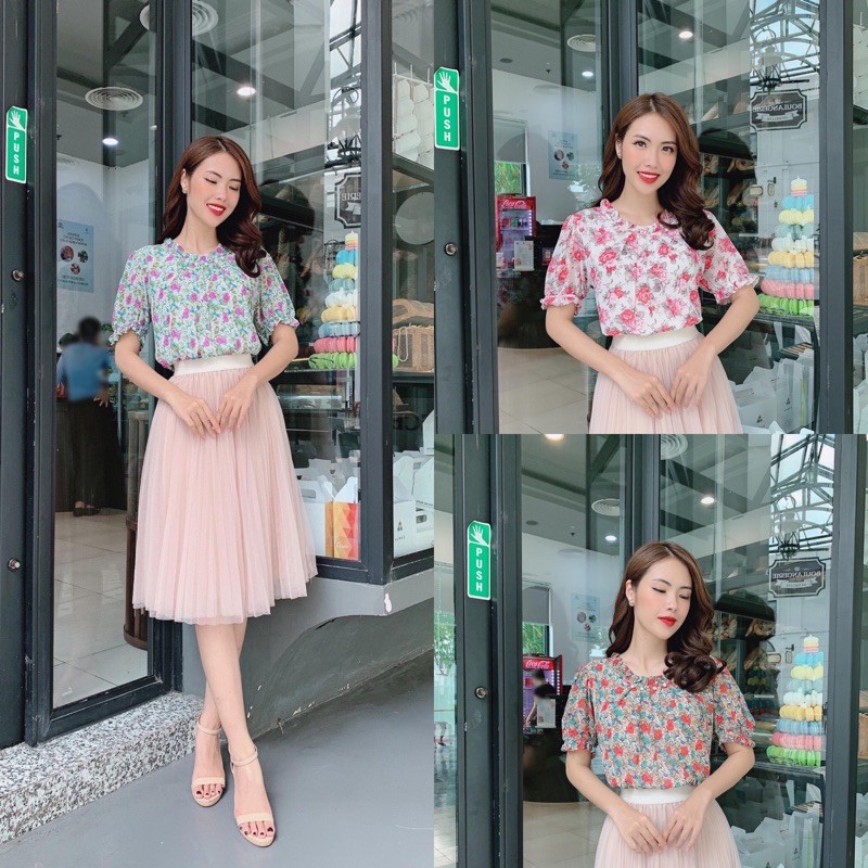 Áo kiểu nữ ❤️FREESHIP ❤️Áo sơ mi hoa nhí cổ ngọc ,hất liệu mềm
