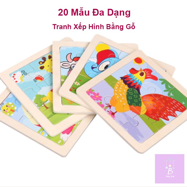 Tranh Xếp Hình- 9 Miếng Ghép Gỗ, Con Vật &amp; Phương Tiện Giao Thông- Đồ Chơi Thông Minh