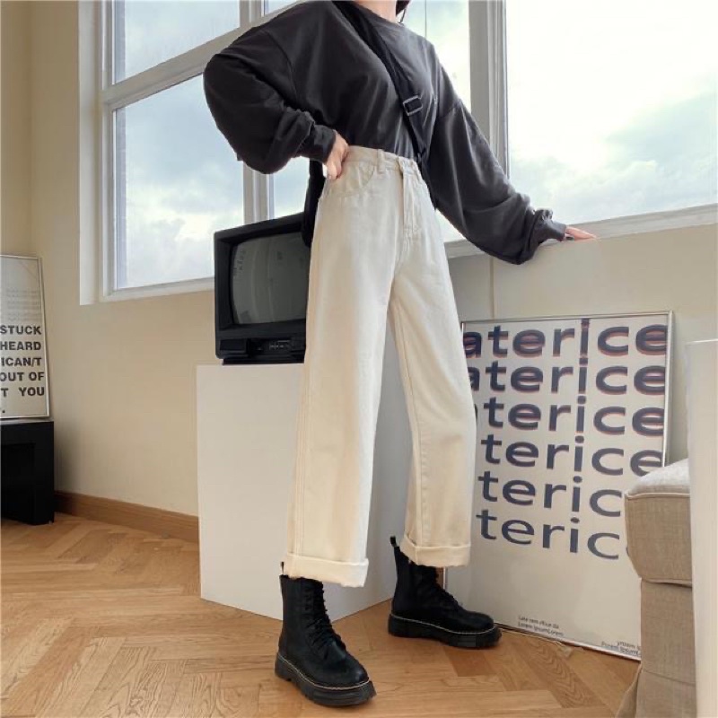 Quần jean nữ ống suông phom rộng, quần bò basic đi học đi làm đi chơi năng động màu đen màu trắng đủ size Ulzzang | BigBuy360 - bigbuy360.vn