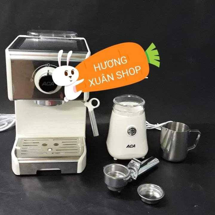 HÀNG ORDER 10 NGÀY (có clip tự quay) Máy pha cafe Espresso ACA 20 bar 1250W + máy xay ACA + ca đánh bọt sữa