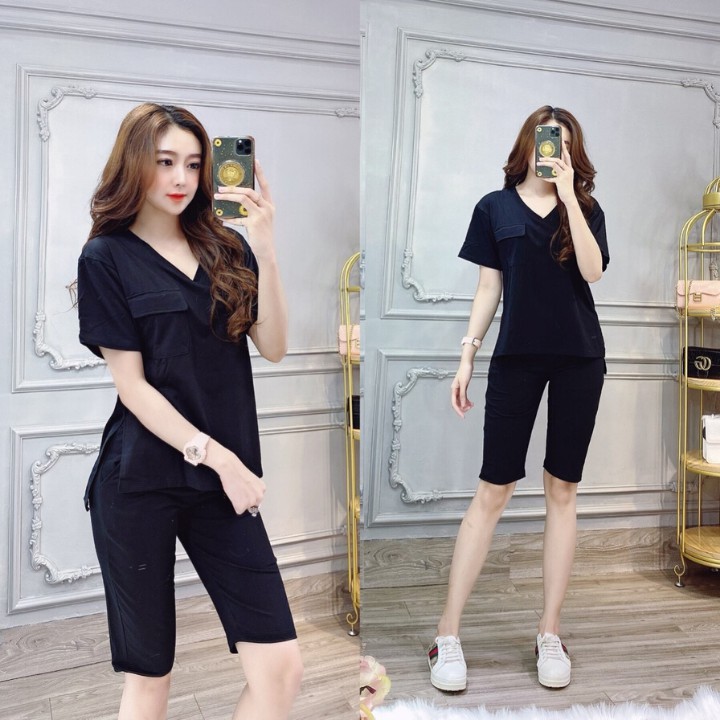 Đồ Bộ Nữ Lửng Thun Cotton Cổ Tim Xẻ Tà Hàng Chuẩn Shop Cao Cấp Thời Trang - Ảnh thật kèm video